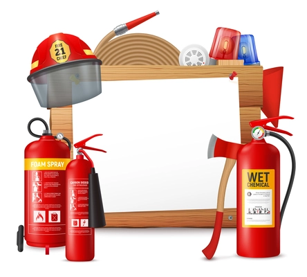 Fire extinguisger frame with clear piece of paper on wooden surface with fire-suppression bottle units vector illustration