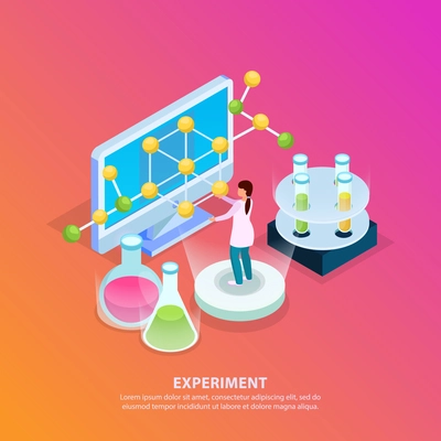 Science research isometric glow background with editable text test tubes molecule model computer and human character vector illustration