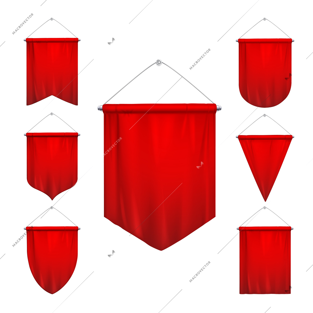 Signal red sport pennants triangle flags various shapes tapering hanging pennons banners realistic set isolated vector illustration