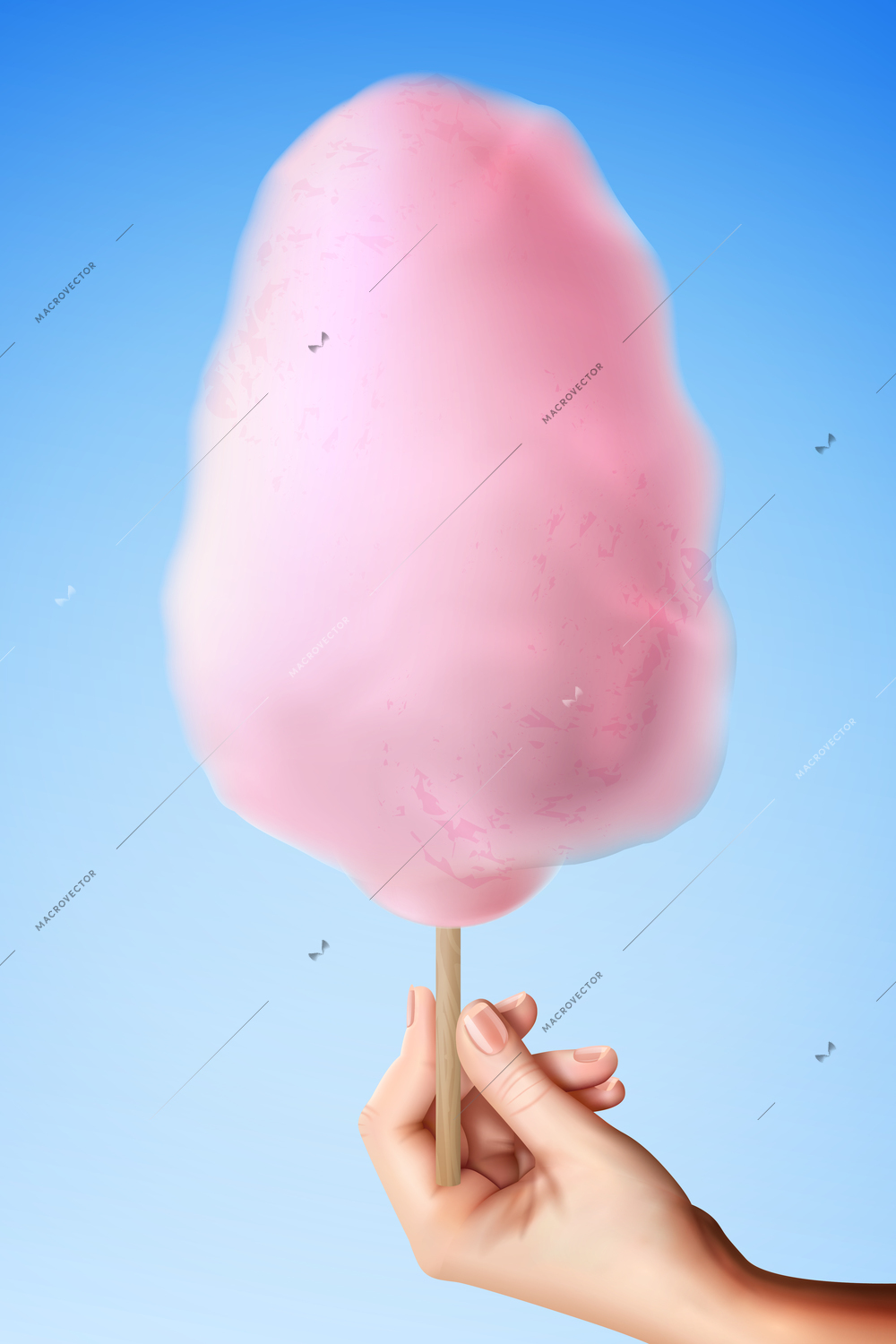 Realistic candy sugar cotton in hand composition with realistic image of human wrist holding sweet stick vector illustration