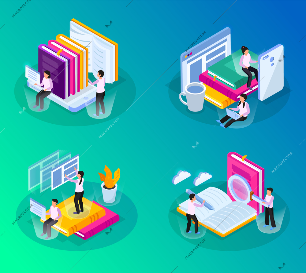 Online library isometric glow 4x1 set with compositions of conceptual images with books gadgets and people vector illustration