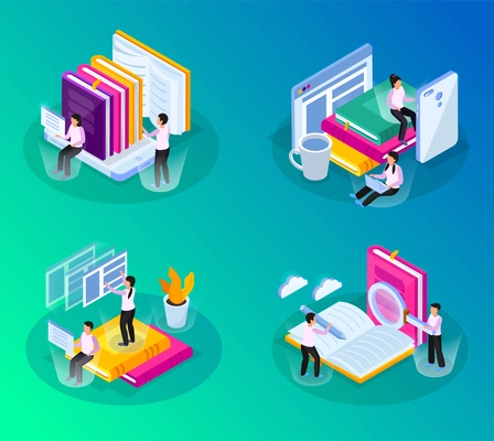 Online library isometric glow 4x1 set with compositions of conceptual images with books gadgets and people vector illustration