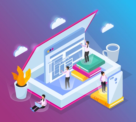 Online library isometric composition with conceptual images of opened book computer windows and small people characters vector illustration