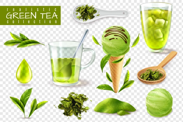 Realistic green tea set with isolated images of cups spoons and natural leaves on transparent background vector illustration