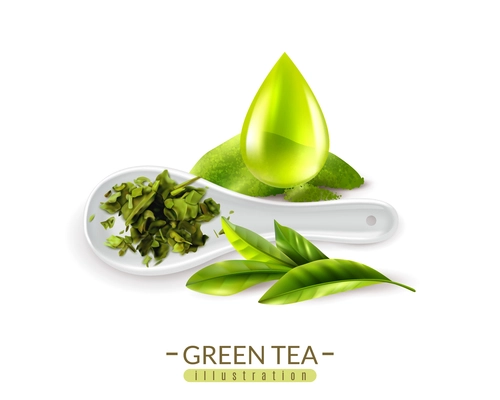 Realistic green tea background with text and images of fresh green tea leaves spoon and drop vector illustration