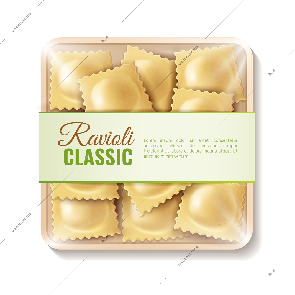 Realistic meat gourmet food packaging composition with isolated image of branded product box with classic ravioli vector illustration