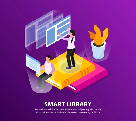 Online library isometric background with editable text description and conceptual images of books screens and people vector illustration