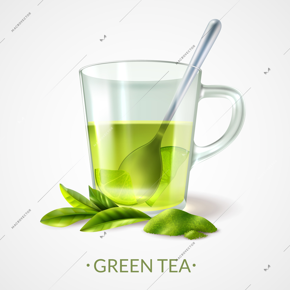 Realistic green tea background with editable text and images of ripe leaves and cup with spoon vector illustration