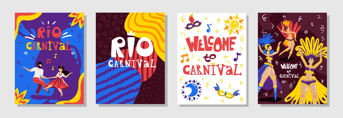 Brazil rio carnival announcement 4 colorful posters set with music symbols smiling dancers isolated vector illustration