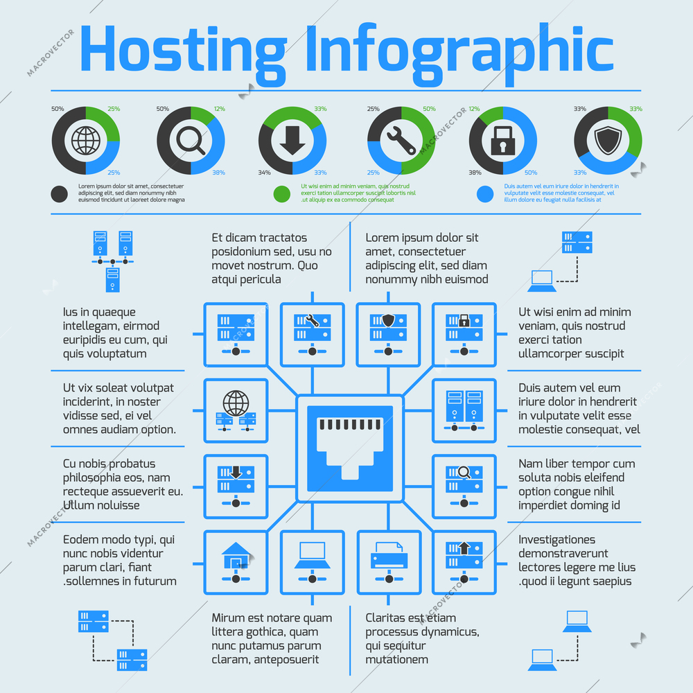 Hosting computer network internet technology infographic set vector illustration