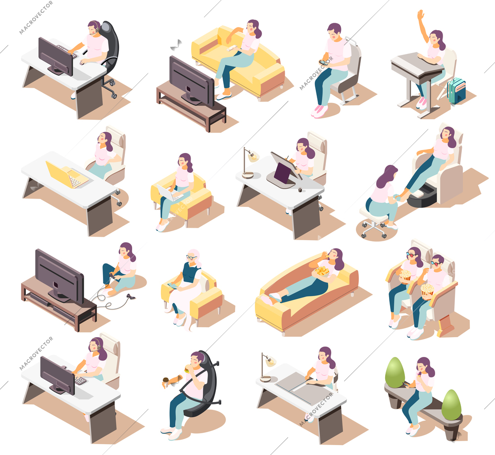 Set of isolated sedentary lifestyle isometric icons of people sitting in different environments with furniture items vector illustration