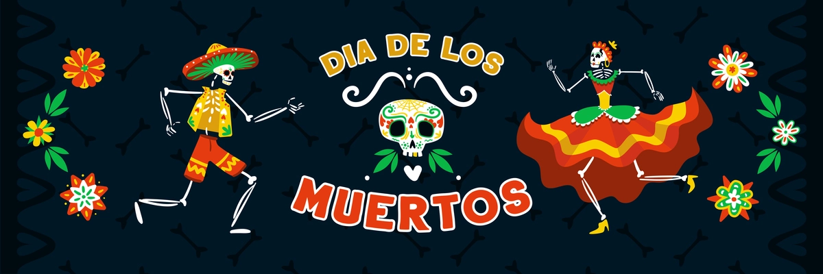 Mexican dia muertos day dead celebration with dancing in national costumes skeletons black horizontal banner vector illustration