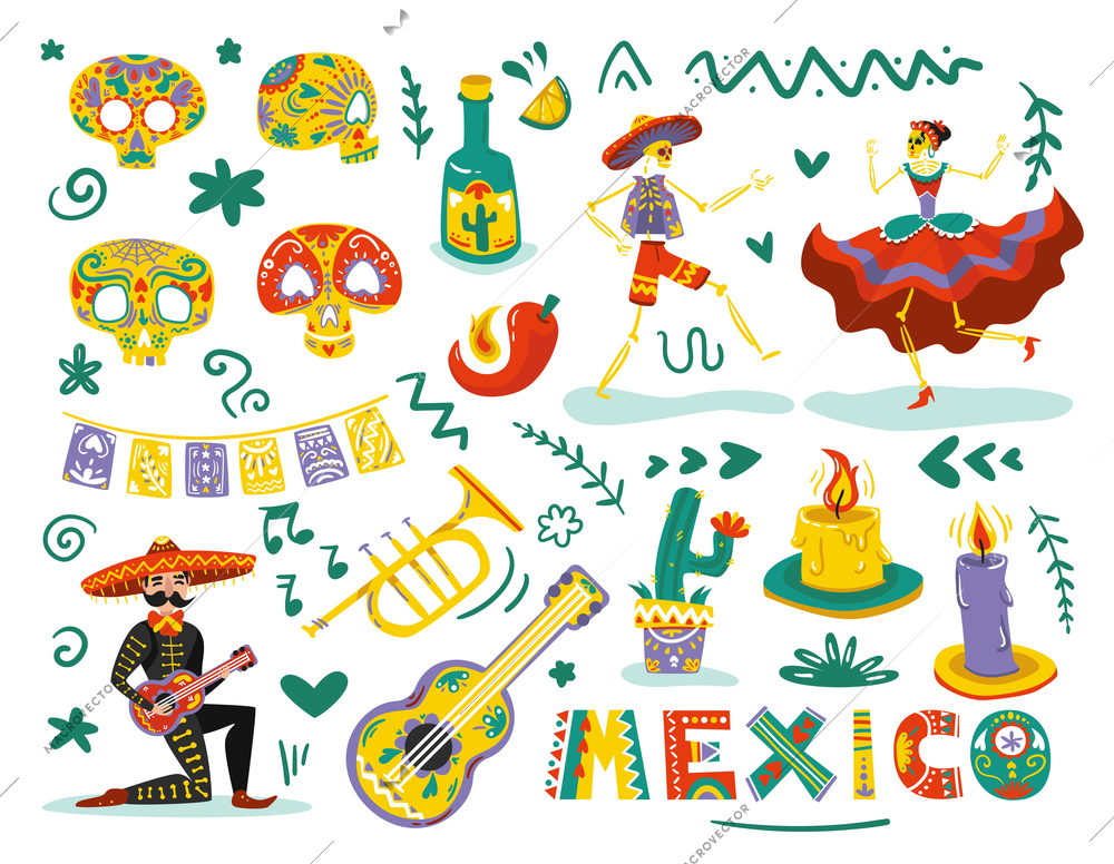 Mexican day dead symbols attributes colorful set with dancing skeletons sugar skulls masks white background vector illustration vector illustration