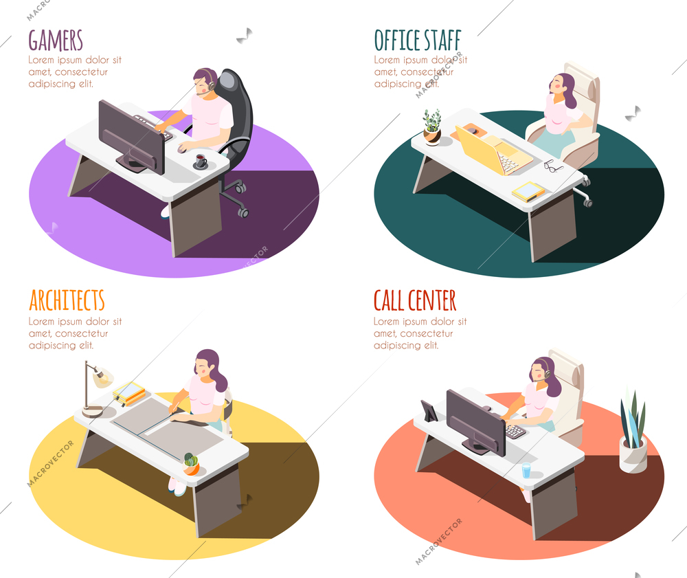 Sedentary lifestyle isometric 4x1 set of compositions with working place spots tables and people with text vector illustration