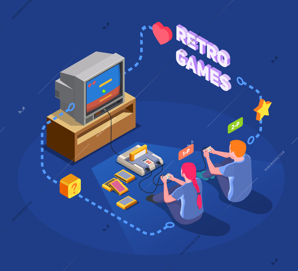 Isometric composition with two people playing with retro gadgets on blue background 3d vector illustration