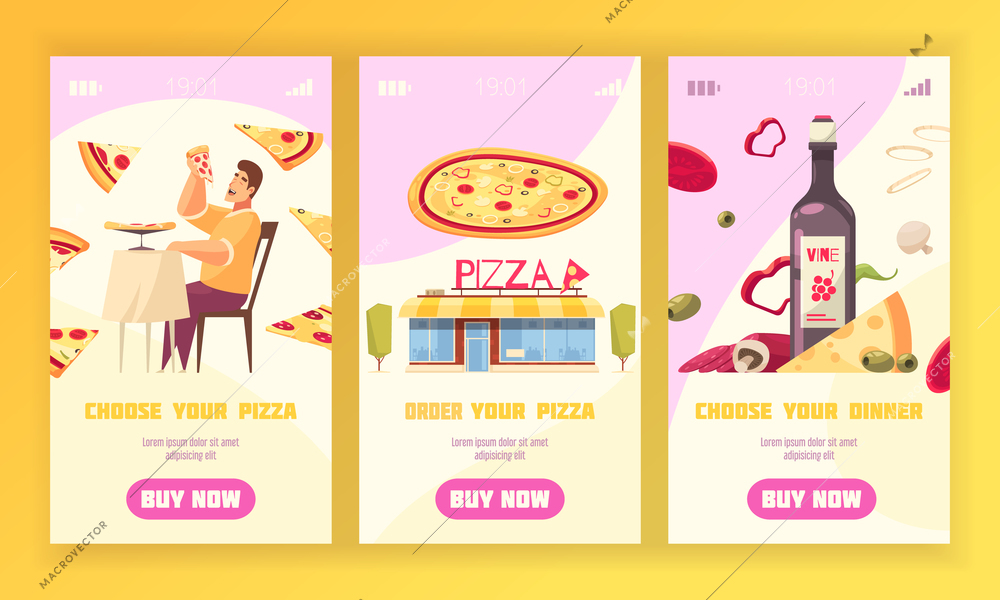 Three pizza vertical banner set with choose and order your pizza and choose your dinner descriptions vector illustration