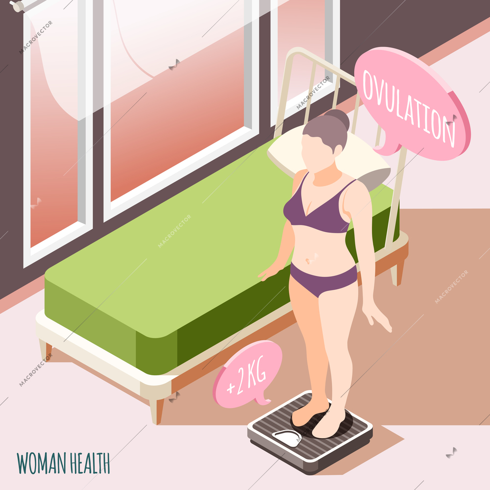 Women health isometric background with young pregnant woman standing on floor scales and checking her weight vector illustration