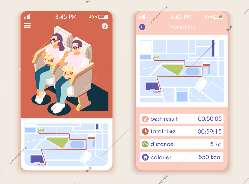 Sedentary lifestyle isometric mobile app interface set with vertical compositions maps calories counter and sitting moviegoers vector illustration