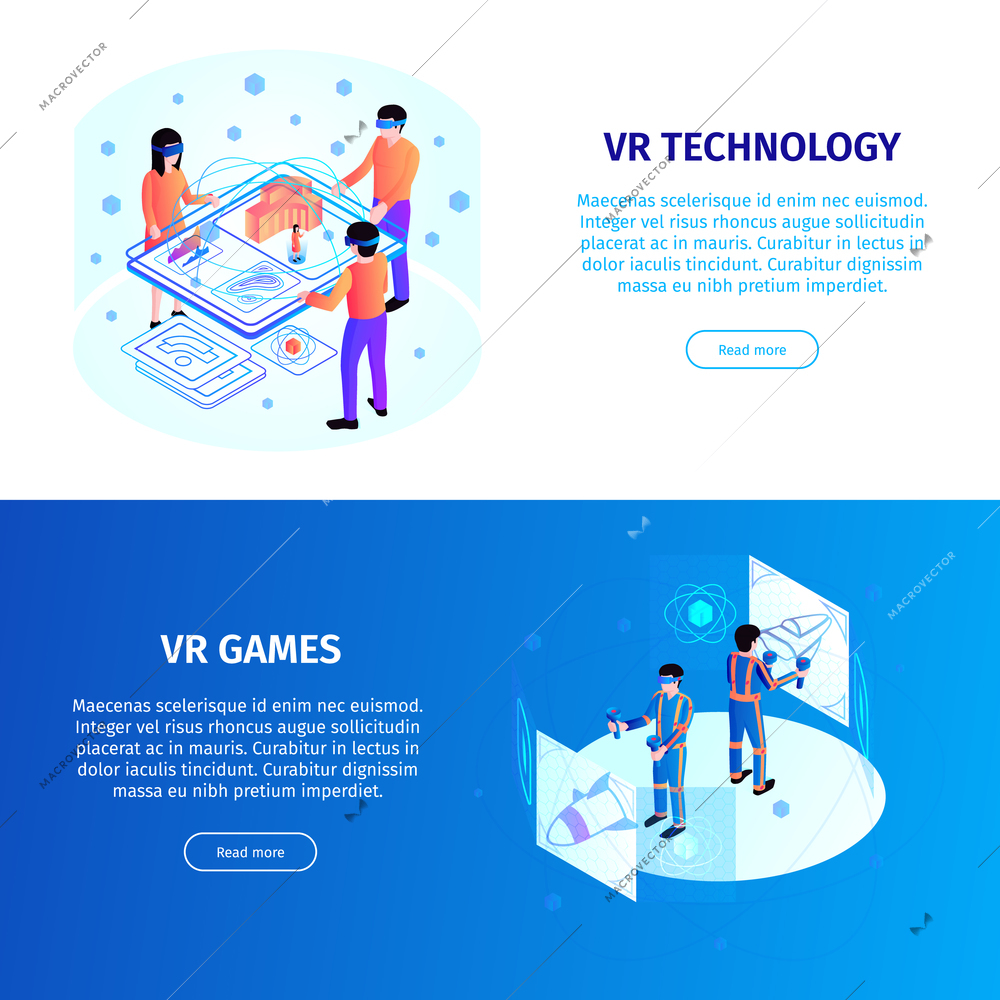 Isometric people interfaces horizontal banners set with editable text clickable buttons people and various electronic devices vector illustration