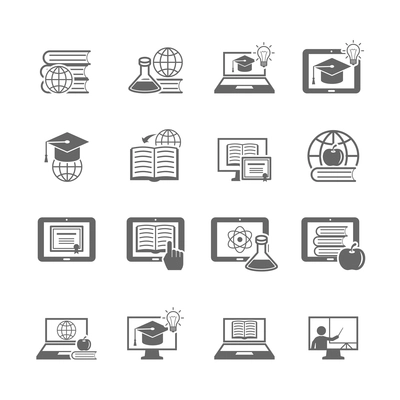 Online education studying using computer technology icons set isolated vector illustration.