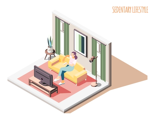 Sedentary lifestyle isometric composition with woman character sitting on sofa with domestic interior environment and text vector illustration