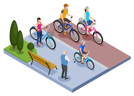 People and bicycle isometric composition with family riding bicycles in city park vector illustration