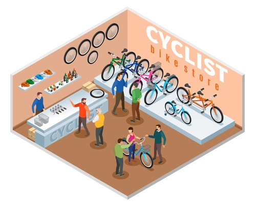 Bike store isometric composition with buyers  and dealer consultant offering bicycle models vector illustration