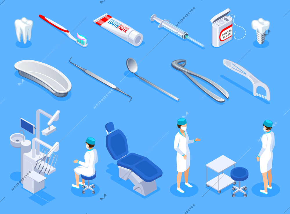 Dentist isometric icons set of stomatology  equipment hygiene items implant and teeth isolated vector illustration