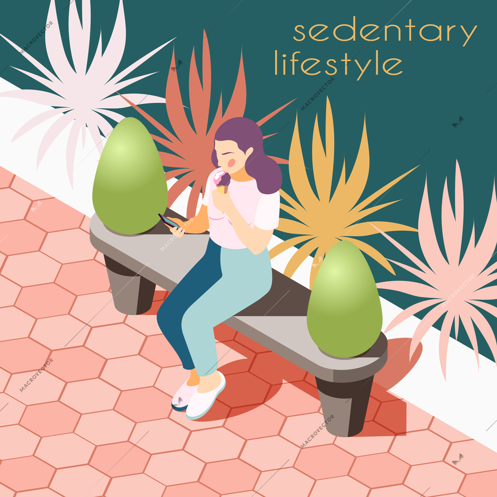 Sedentary lifestyle isometric background with view of park way with bench and sitting female human character vector illustration