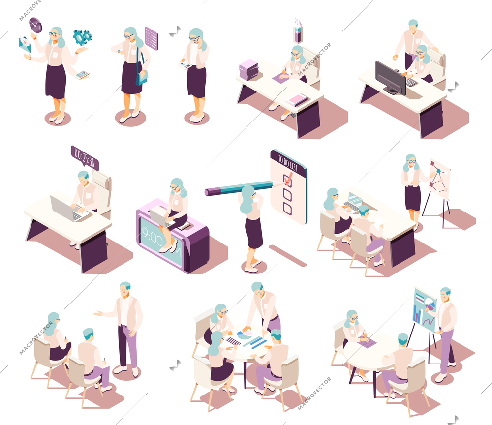 Effective management isometric icons collection with isolated human characters furniture and conceptual pictograms with productivity items vector illustration