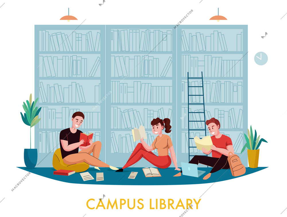 University campus library bookcases flat composition with students reading books articles with bookshelves in background vector illustration