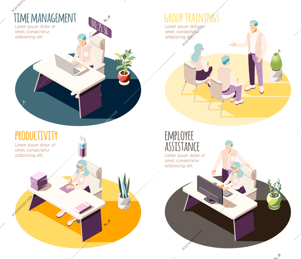 Effective management isometric 4x1 set of compositions with editable text and workplace spots with human characters vector illustration