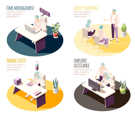 Effective management isometric 4x1 set of compositions with editable text and workplace spots with human characters vector illustration