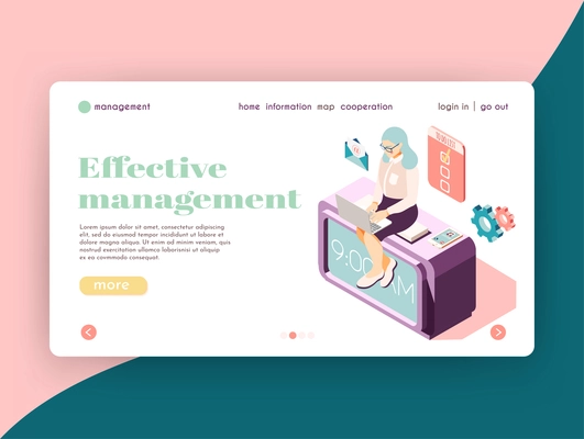 Effective management isometric landing page website design with female character at work icons and clickable links vector illustration