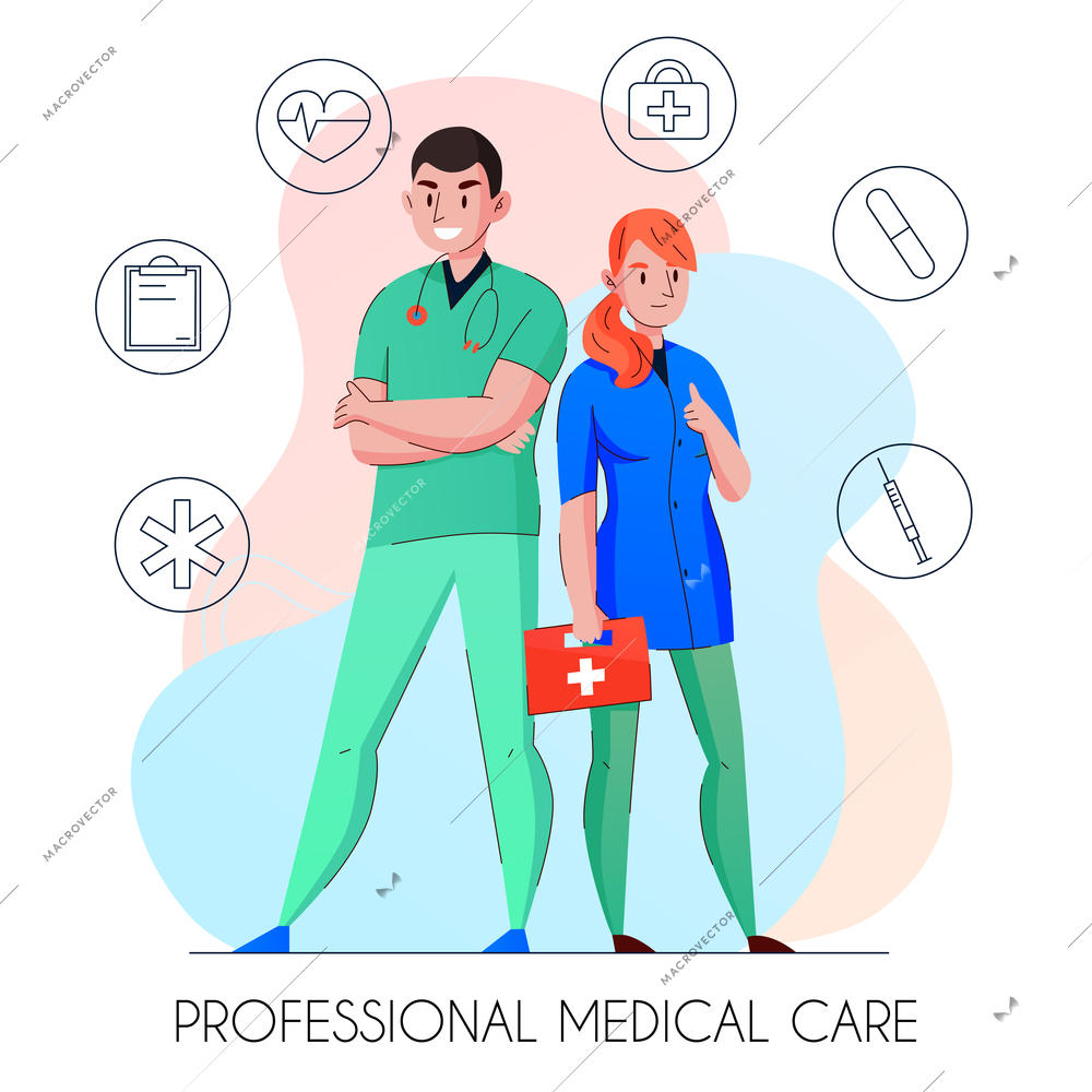 Medical care professionals flat composition with doctor and nurse surrounded by outlined first help symbols vector illustration