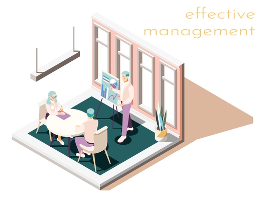 Effective management isometric composition with text and room interior with group of people during working meeting vector illustration
