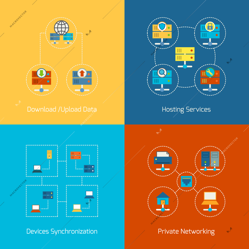 Business concept flat icons set of hosting computer network internet technology infographic design elements vector illustration