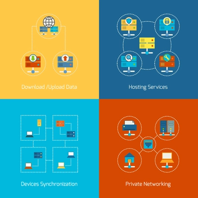 Business concept flat icons set of hosting computer network internet technology infographic design elements vector illustration
