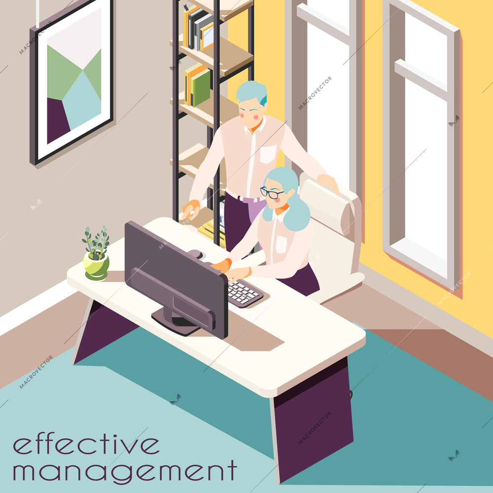 Effective management isometric background with indoor view of room with two human characters furniture and text vector illustration