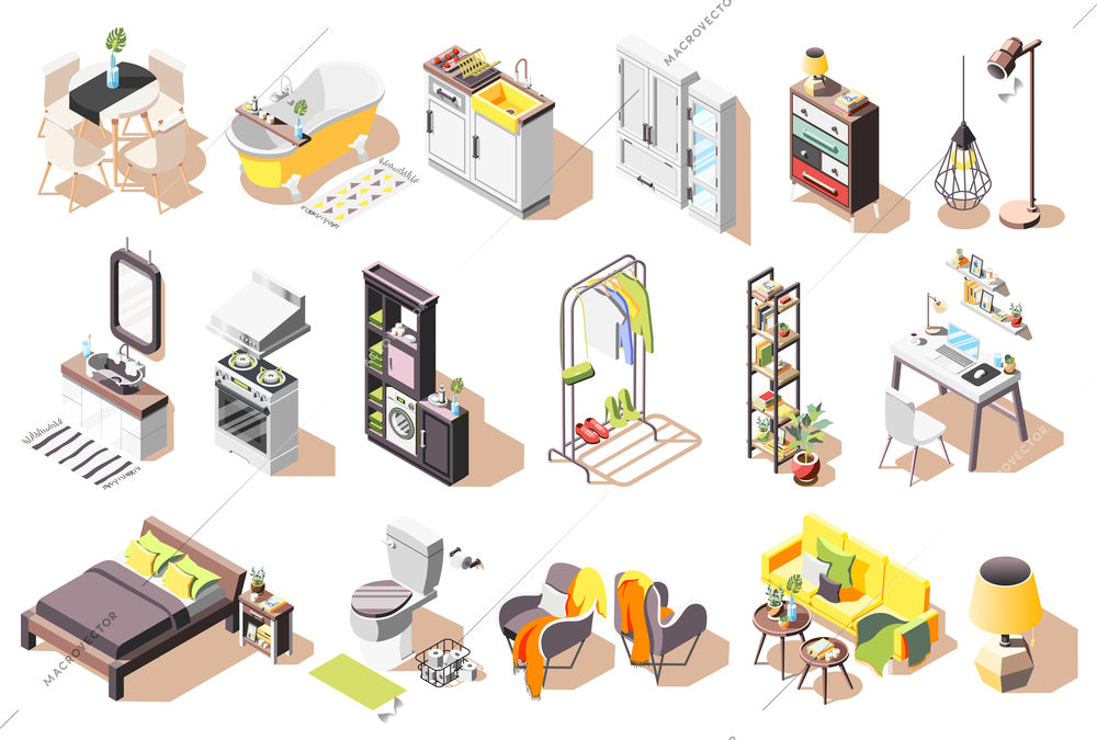 Loft interior icons collection of isolated images with modern style furniture for living rooms and bathroom vector illustration