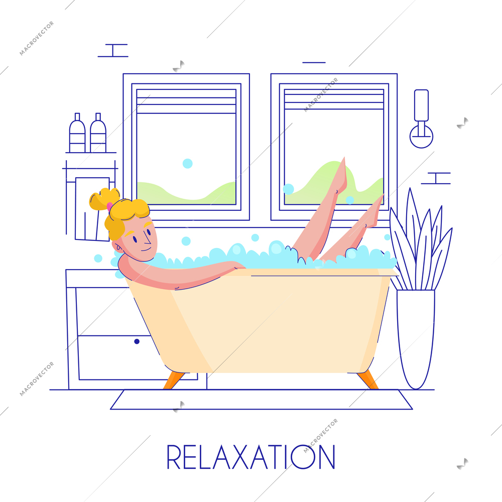 Woman hygiene flat composition with young blond lady relaxing in bath stylish outlined contour background vector illustration