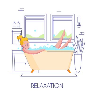 Woman hygiene flat composition with young blond lady relaxing in bath stylish outlined contour background vector illustration