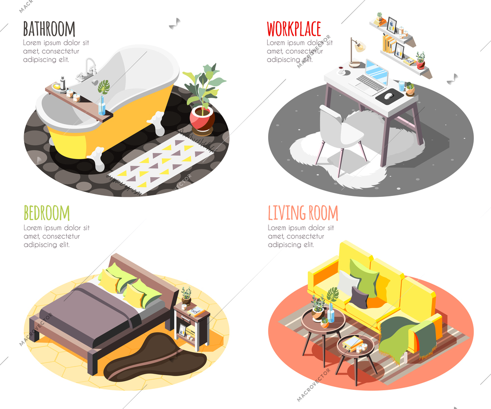 Loft interior isometric 4x1 set of compositions with images of domestic spots with furniture and text vector illustration