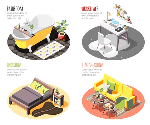 Loft interior isometric 4x1 set of compositions with images of domestic spots with furniture and text vector illustration