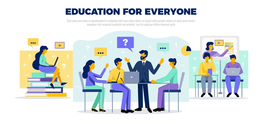 Online education concept with educarion for everyone symbols flat vector illustration