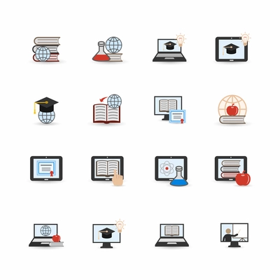 Online education studying and graduation symbols flat icons set isolated vector illustration