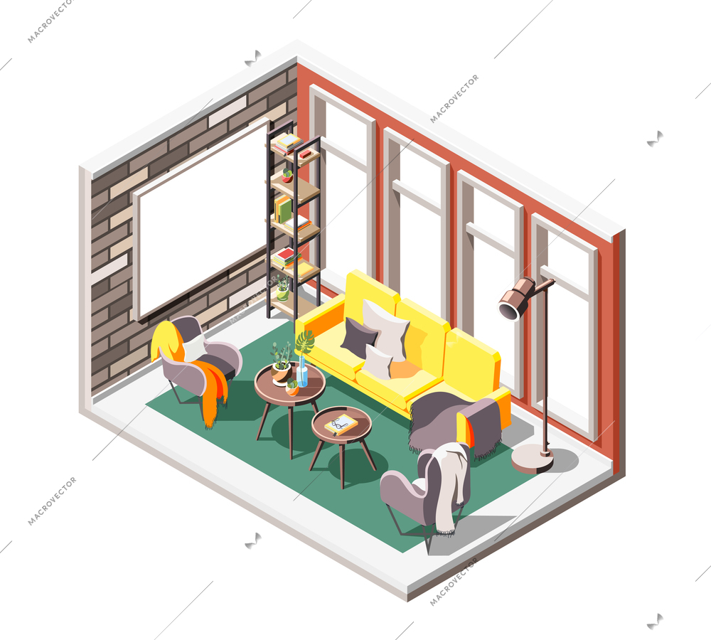 Loft interior isometric composition with indoor drawing room environment with soft seats windows and projection screen vector illustration