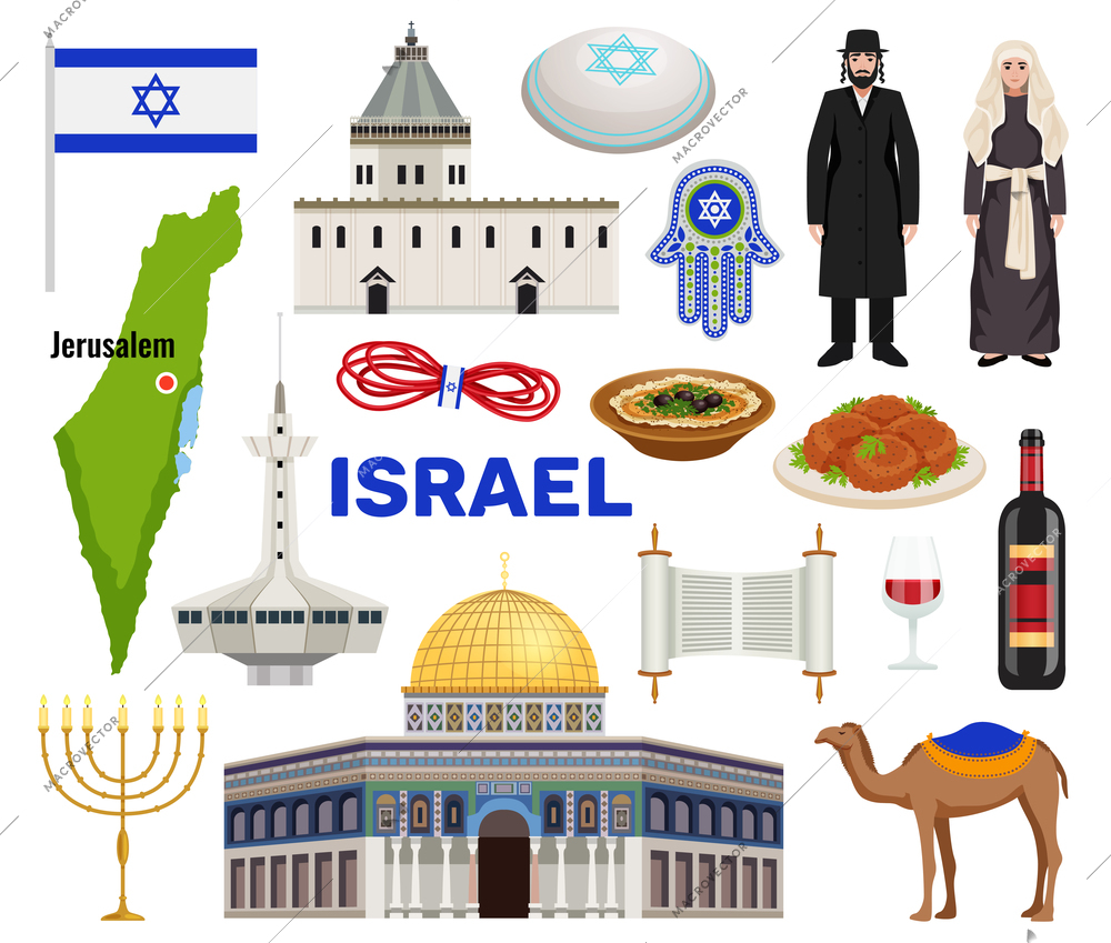 Israel travel icons set with culture and cuisine symbols flat isolated vector illustration