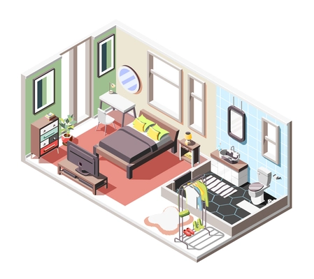 Loft interior isometric composition with indoor view of living room and bathroom with furniture and windows vector illustration