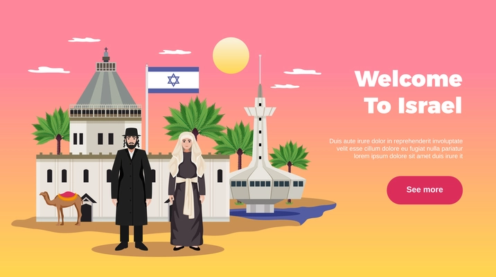 Israel travel page design with trip payment symbols flat  vector illustration